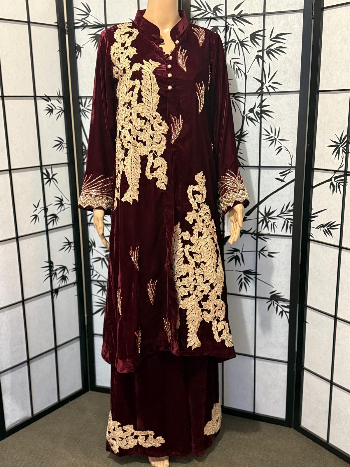 4-Piece Embellished Coat Style Suit (Maroon | Size M – Bust 40”)