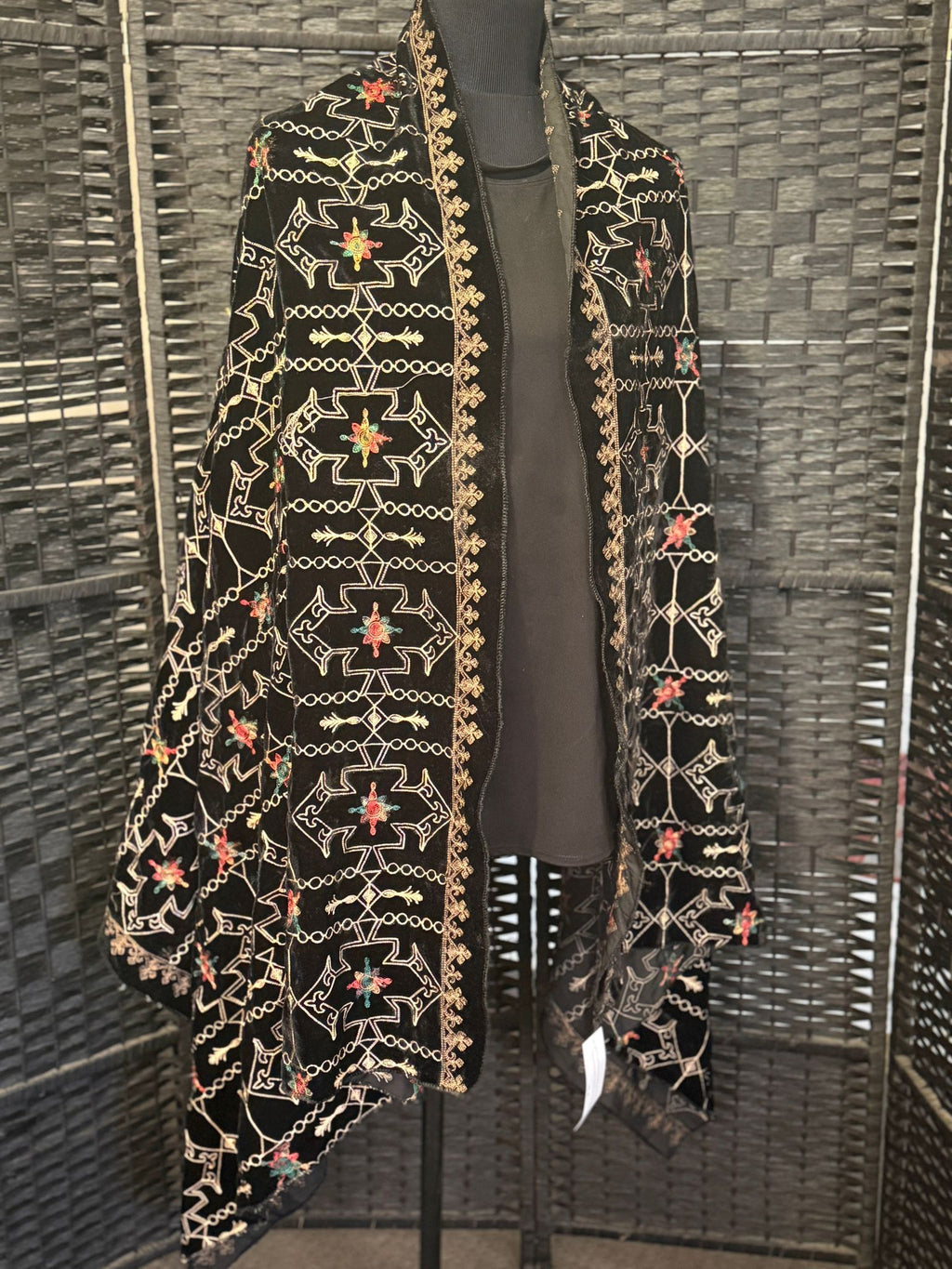 Black embroidered velvet shawl