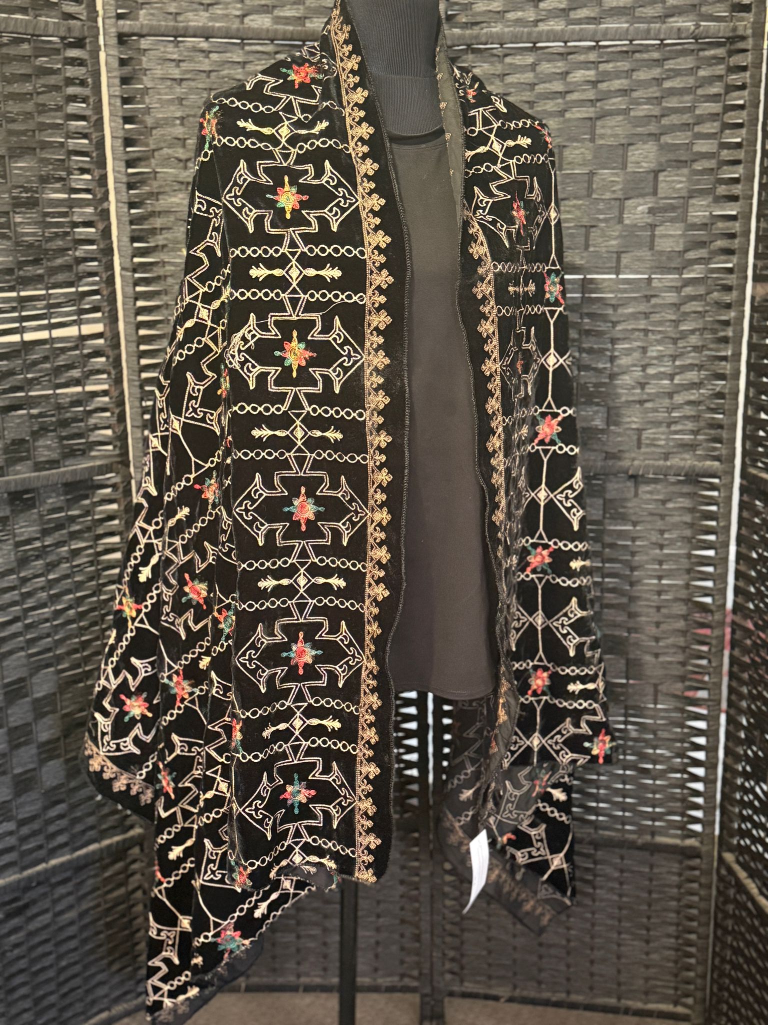 Black embroidered velvet shawl