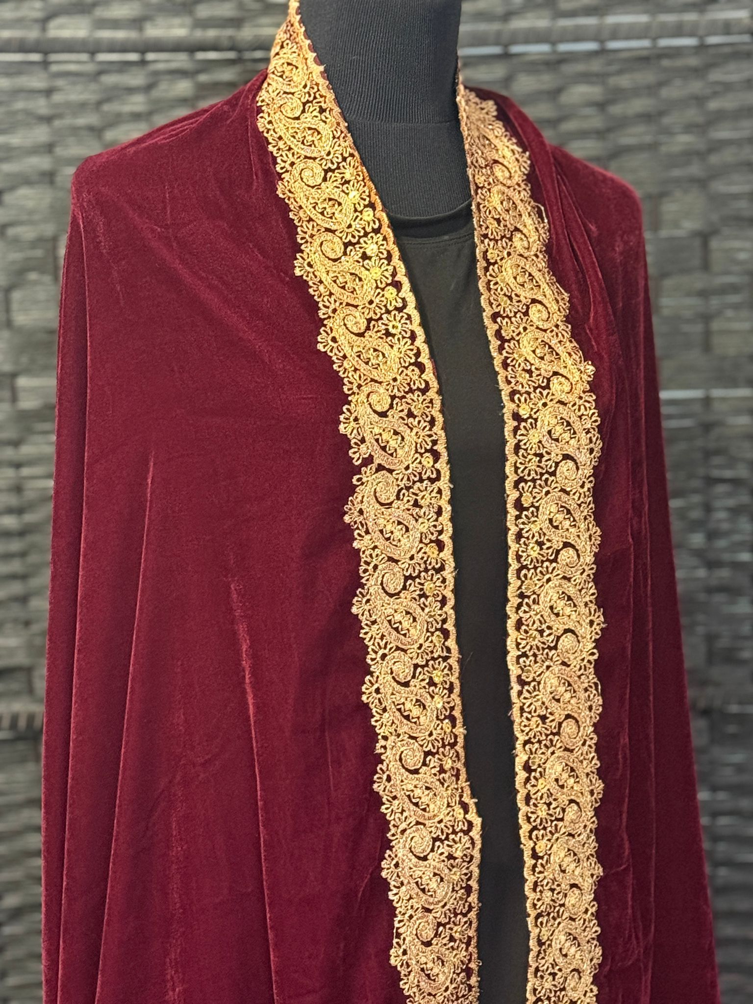 Deep Maroon Velvet Shawl with Resham & Sequin Embroidery