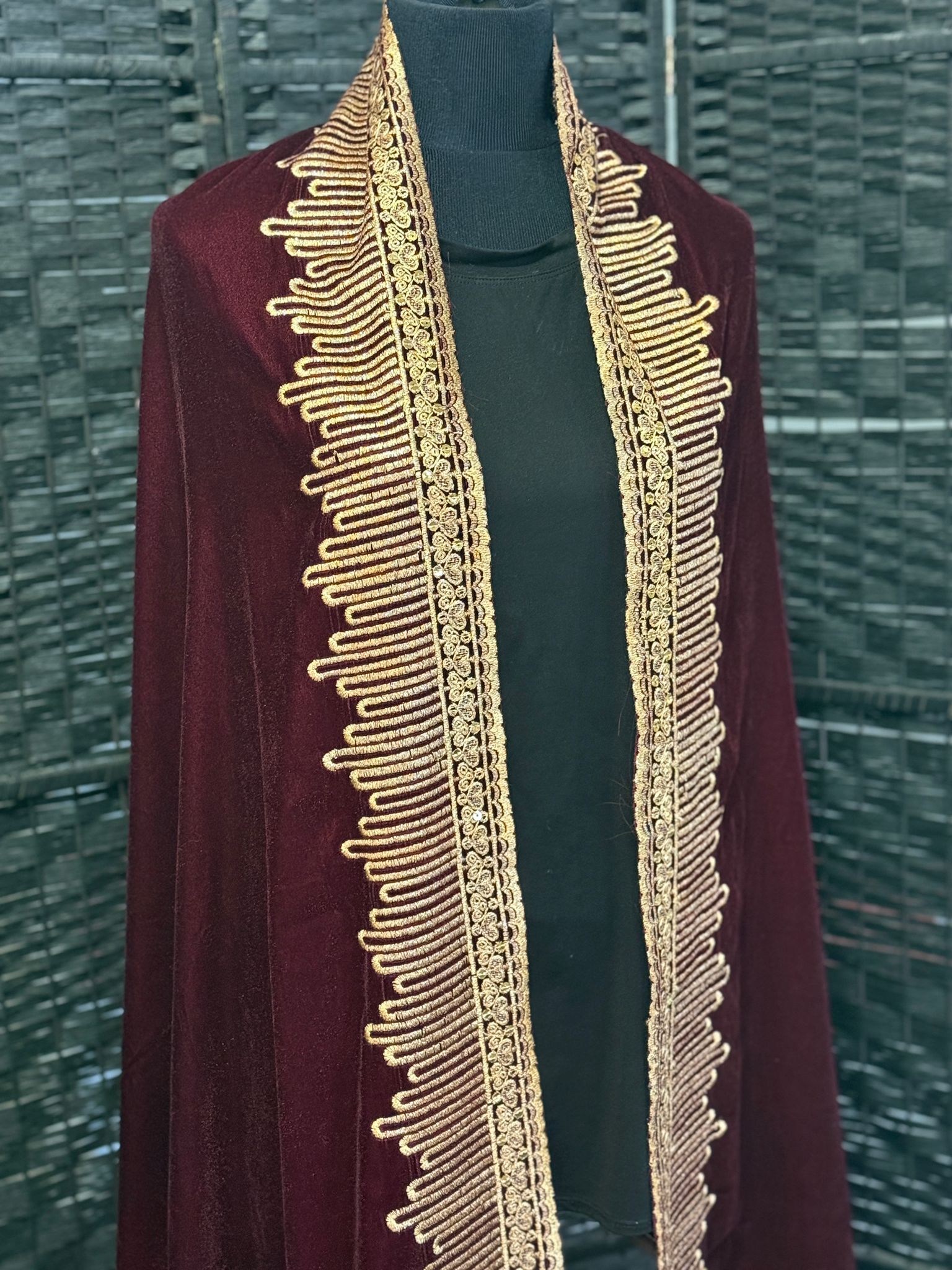 Luxurious Maroon Velvet Shawl with Resham & Sequin Embroidery