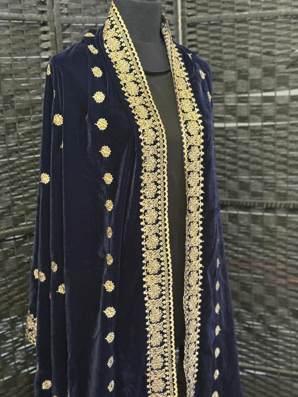 Luxury Velvet Shawl with Gold Zari Embroidery and Floral Motifs