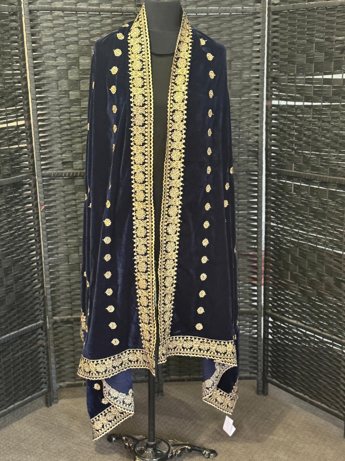 Luxury Velvet Shawl with Gold Zari Embroidery and Floral Motifs