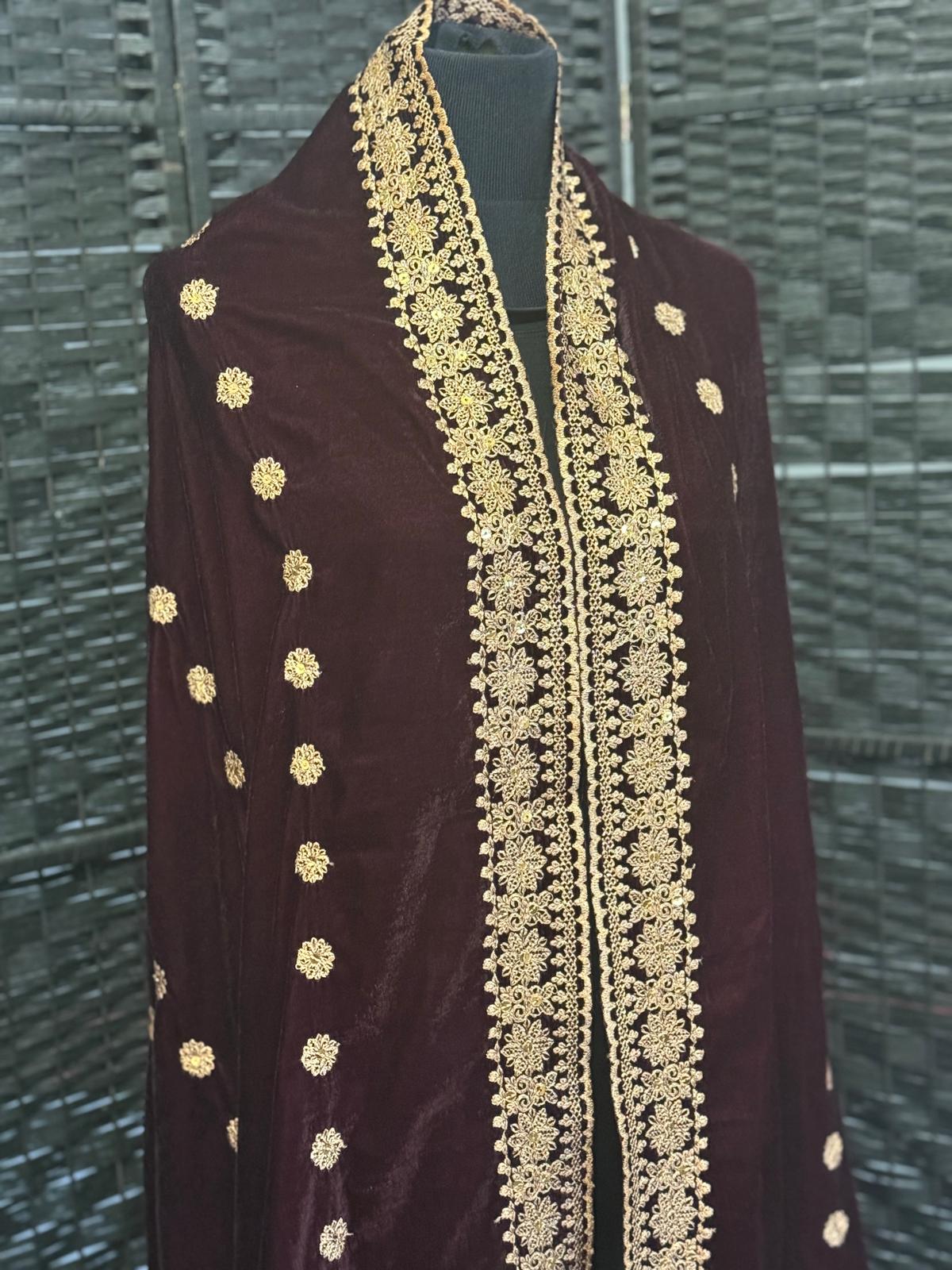Luxury Velvet Shawl with Gold Zari Embroidery and Floral Motifs