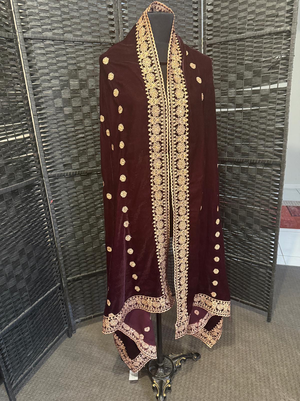 Luxury Velvet Shawl with Gold Zari Embroidery and Floral Motifs