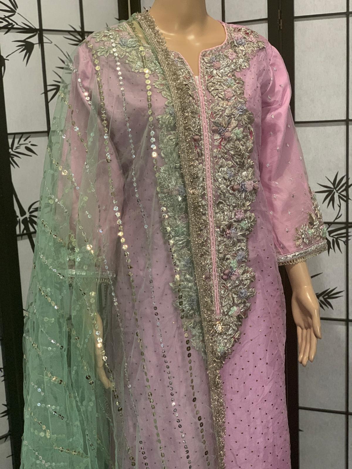 3D Resham Work Ensemble With Printed Organza
