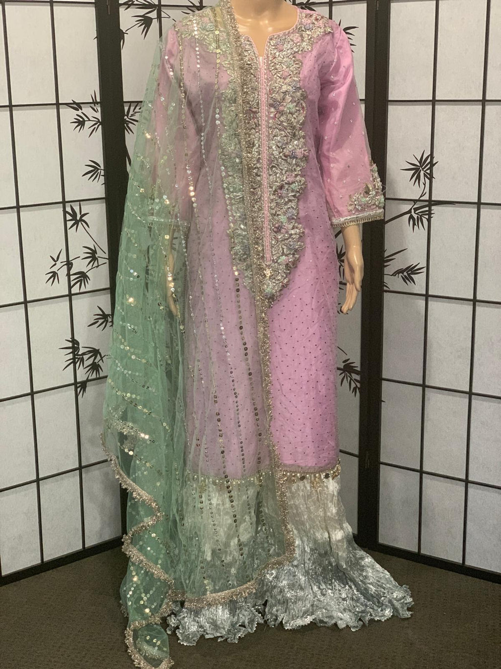 3D Resham Work Ensemble With Printed Organza