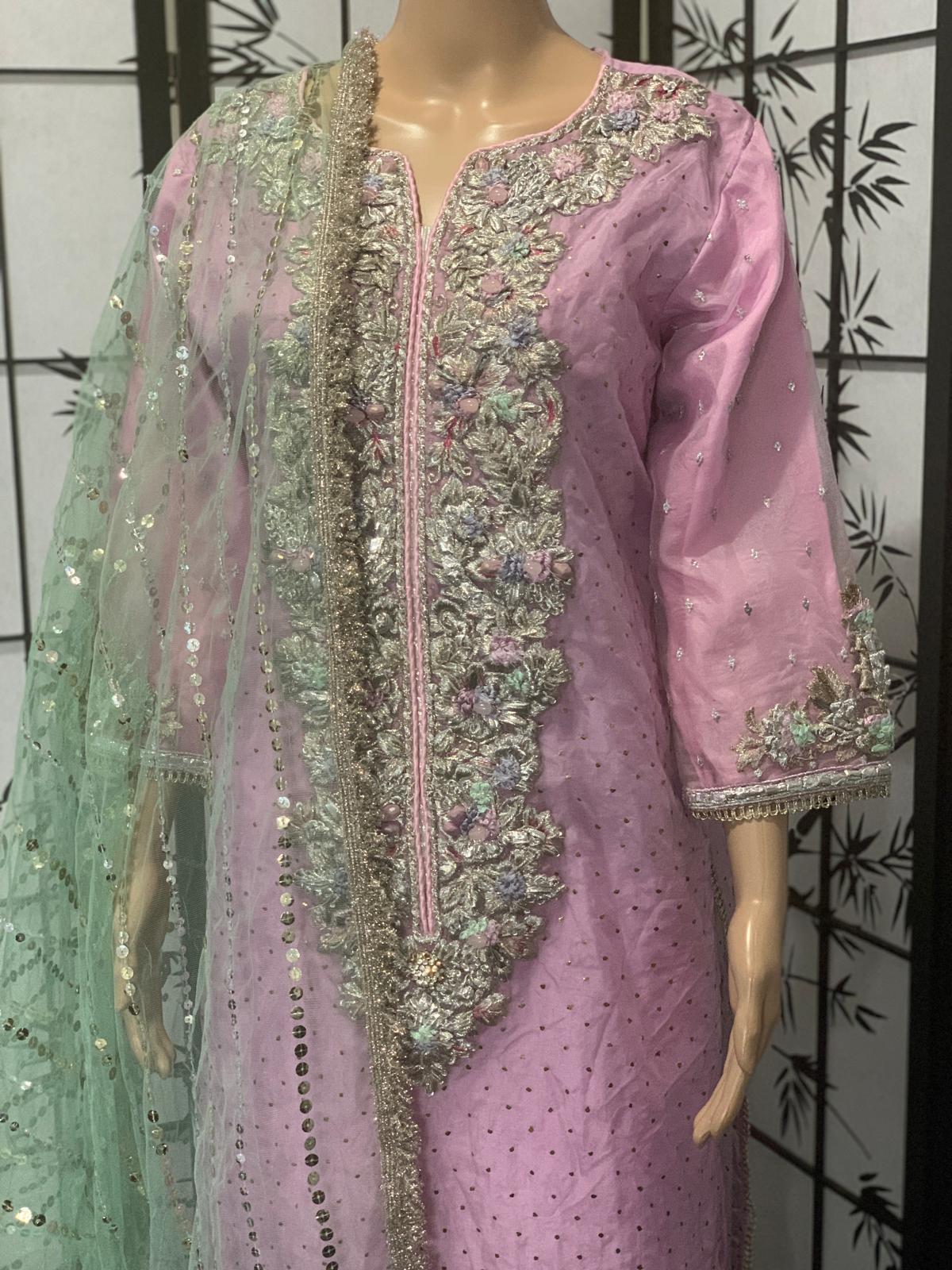 3D Resham Work Ensemble With Printed Organza