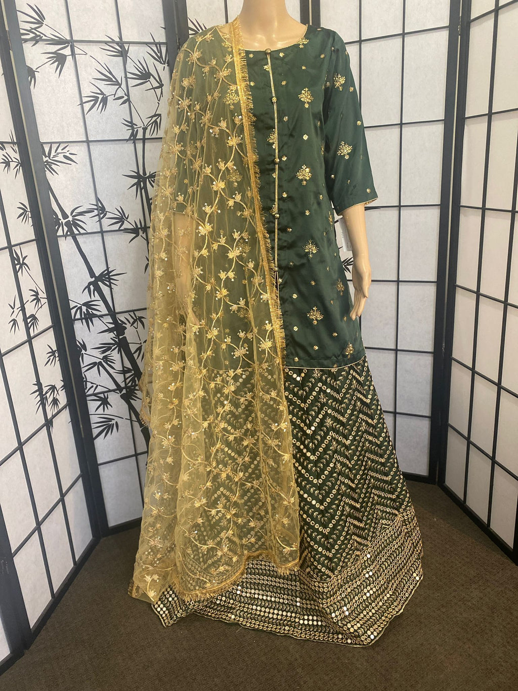 Mirror-Work Lehenga with an Embellished Silk Shirt