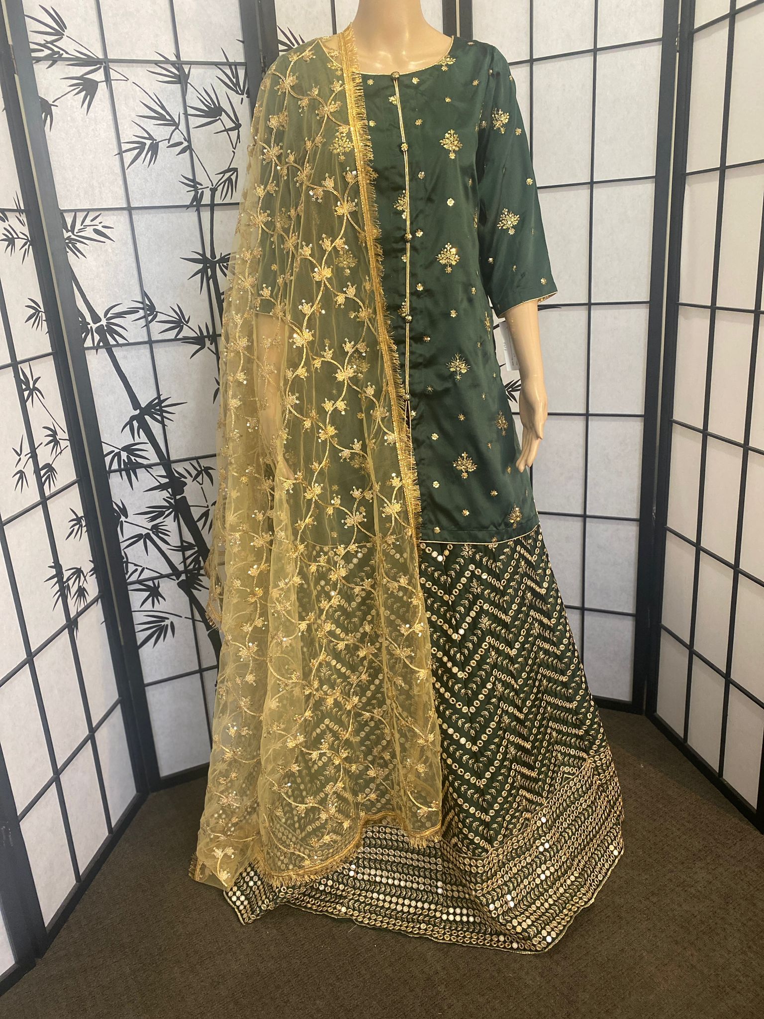 Mirror-Work Lehenga with an Embellished Silk Shirt