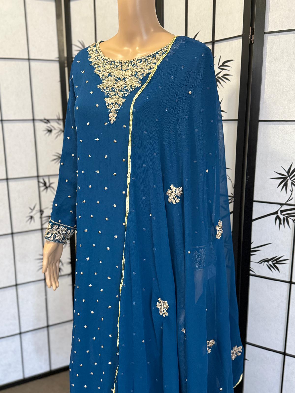 Fully Embroidered Chiffon Suit – Bright Blue