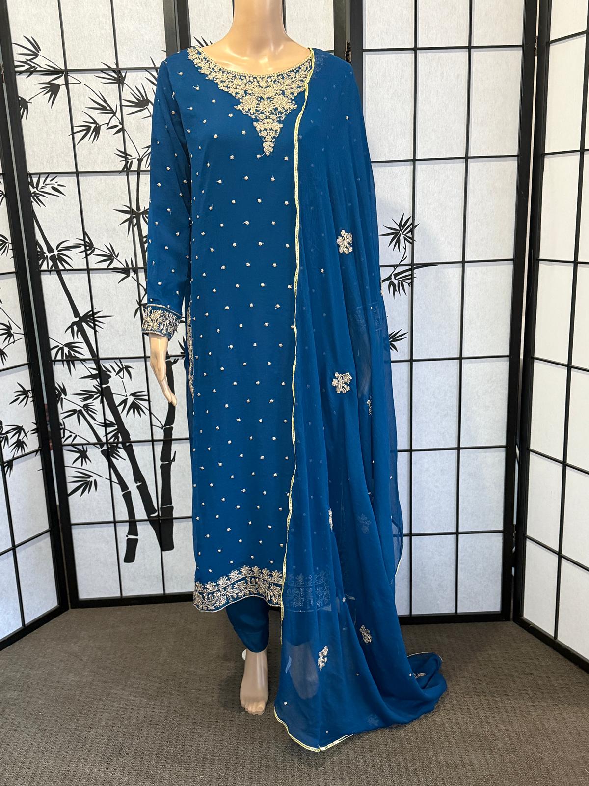 Fully Embroidered Chiffon Suit – Bright Blue