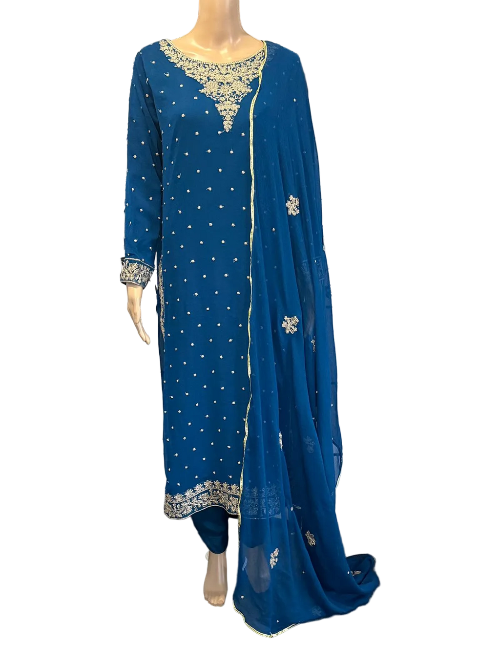 Fully Embroidered Chiffon Suit – Bright Blue
