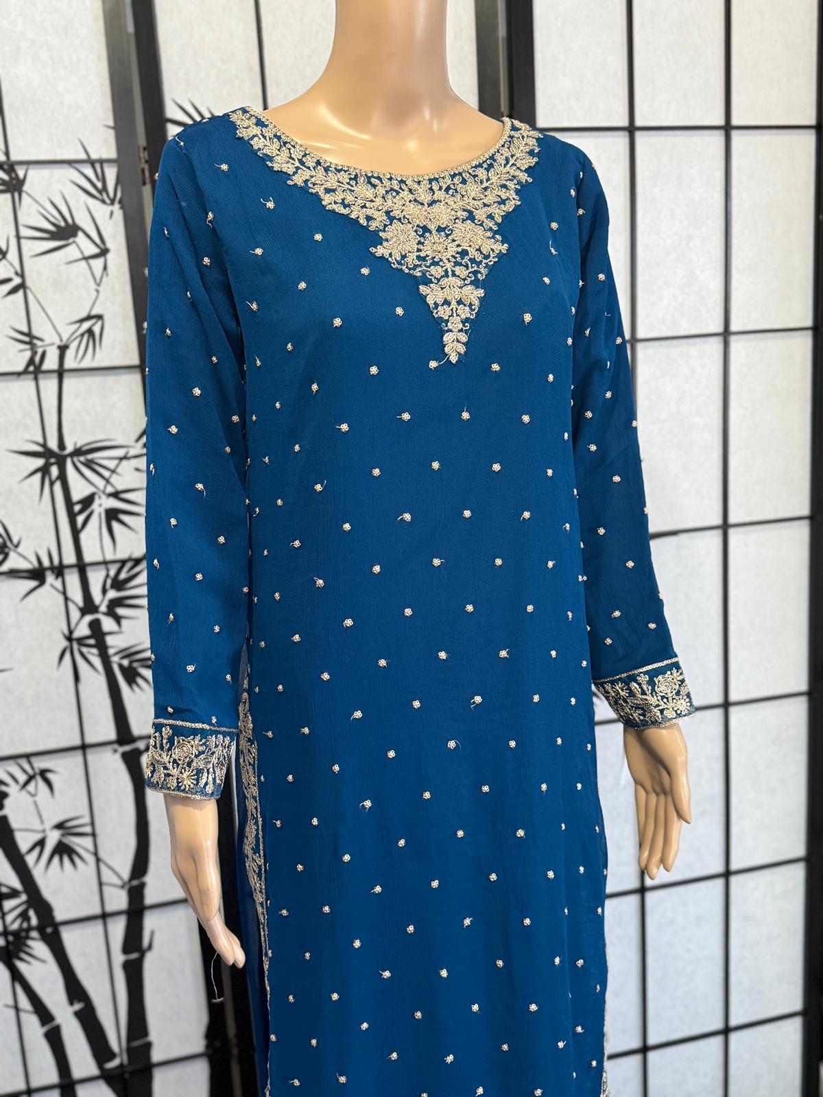 Fully Embroidered Chiffon Suit – Bright Blue