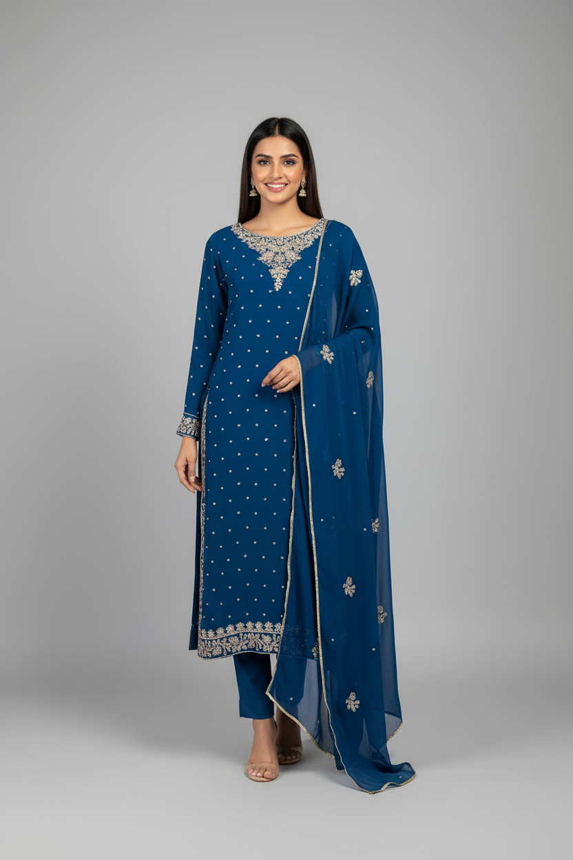 Fully Embroidered Chiffon Suit – Bright Blue