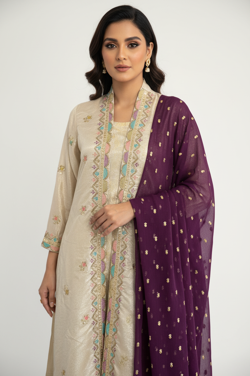 Delicate Embroidered 4-Piece Suit | SOA Collection – Exclusive Design