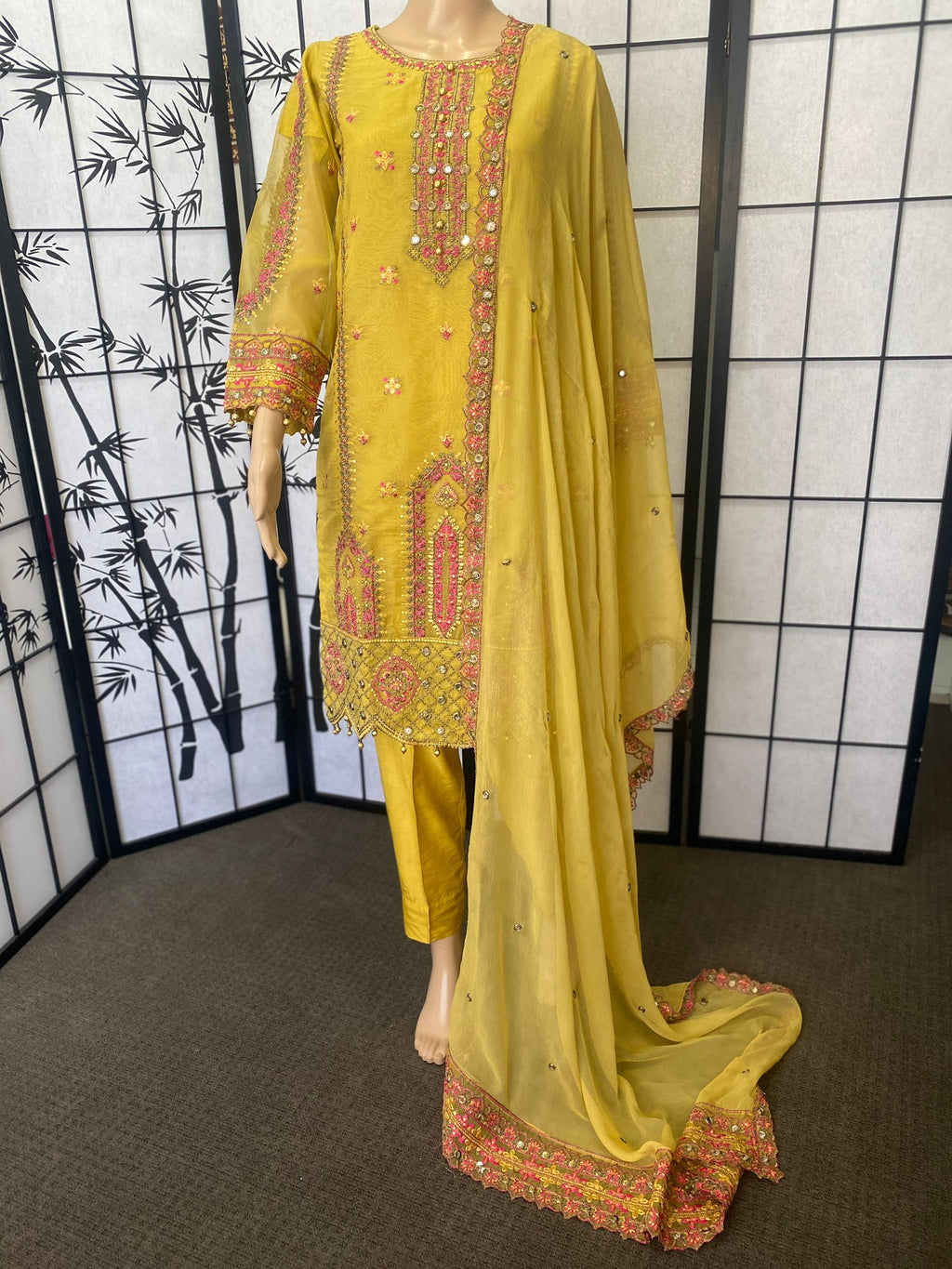 Embroidered Khadi Net 3-Piece Suit