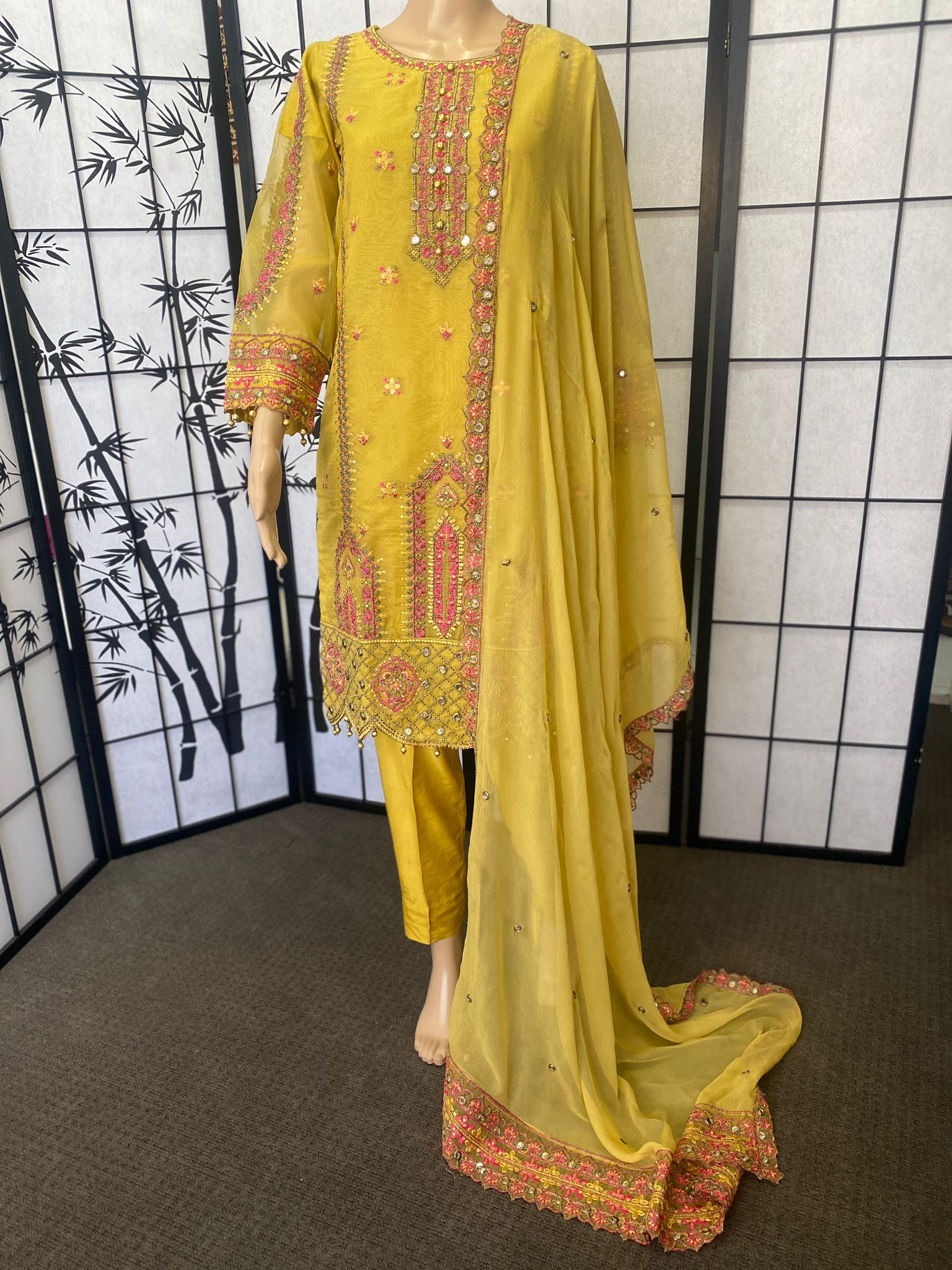Embroidered Khadi Net 3-Piece Suit