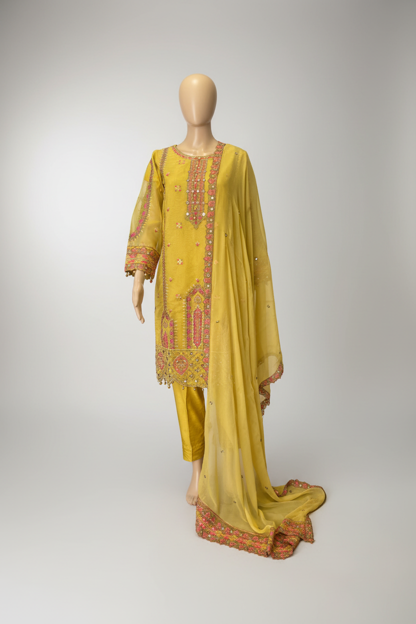 Embroidered Khadi Net 3-Piece Suit