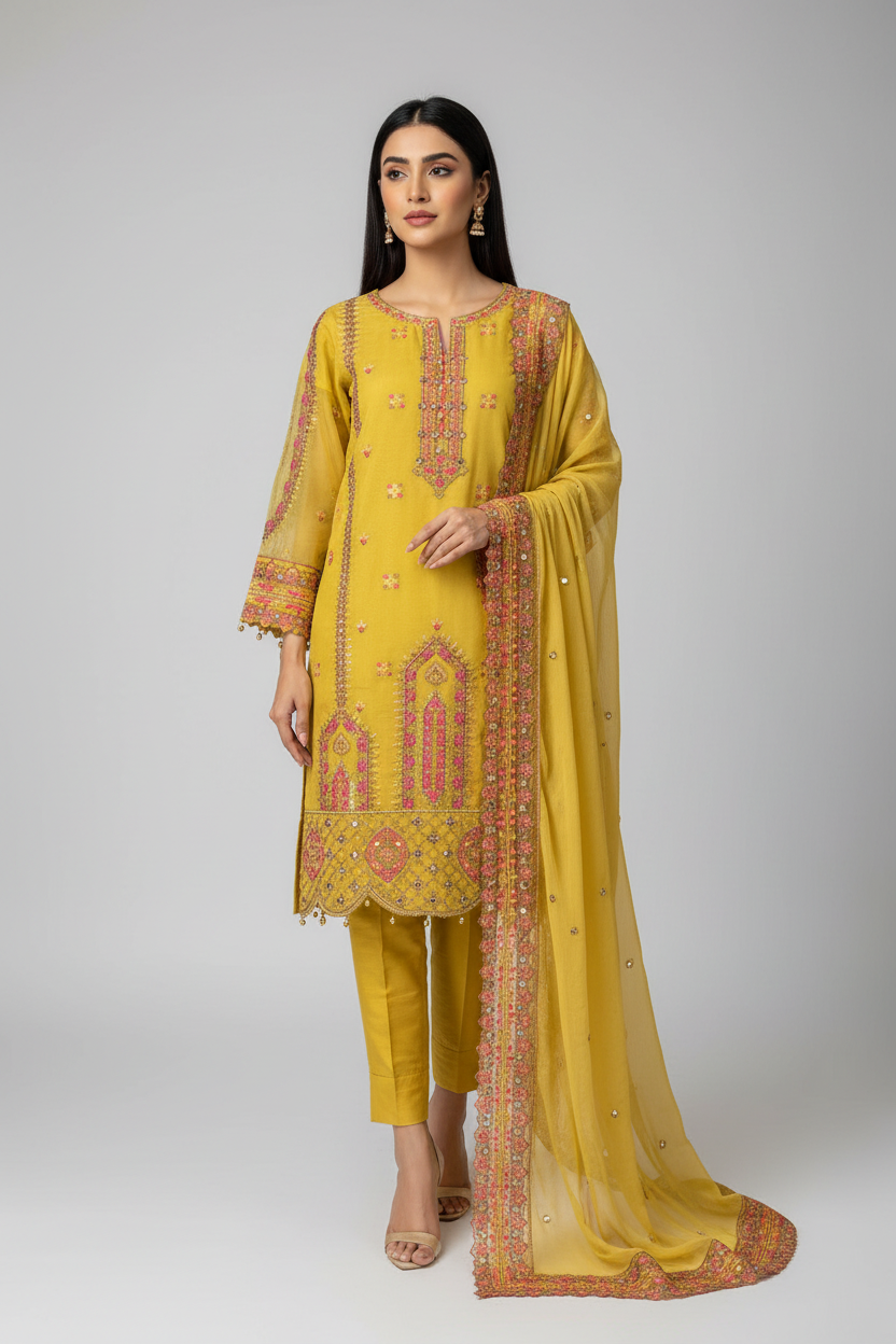 Embroidered Khadi Net 3-Piece Suit