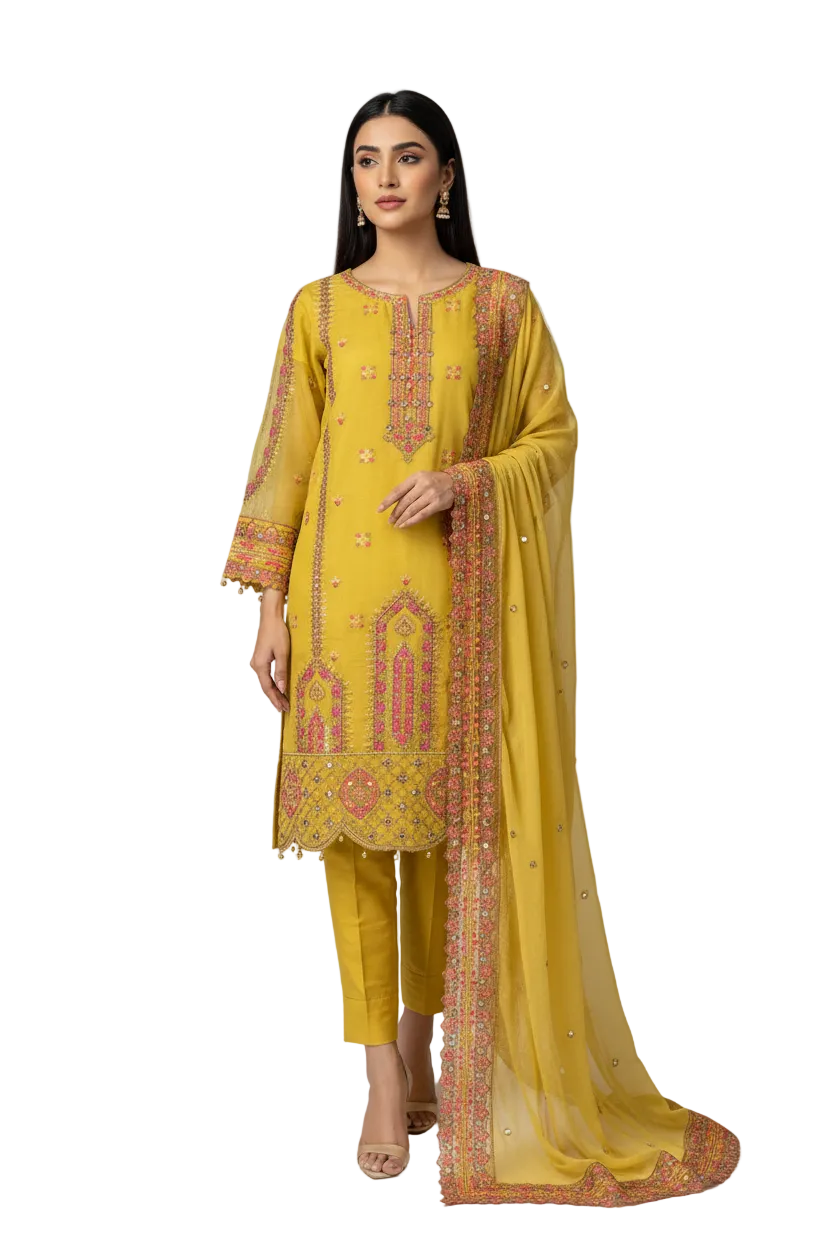 Embroidered Khadi Net 3-Piece Suit