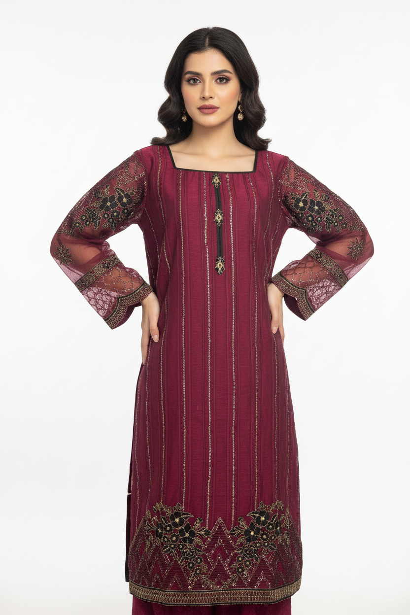 Khadi Net Embroidered Elegant 3-Piece Suit