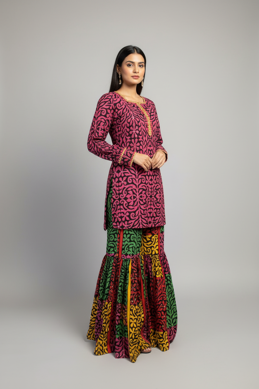 2-Piece Chat Patti Printed Cotton Gharara Suit