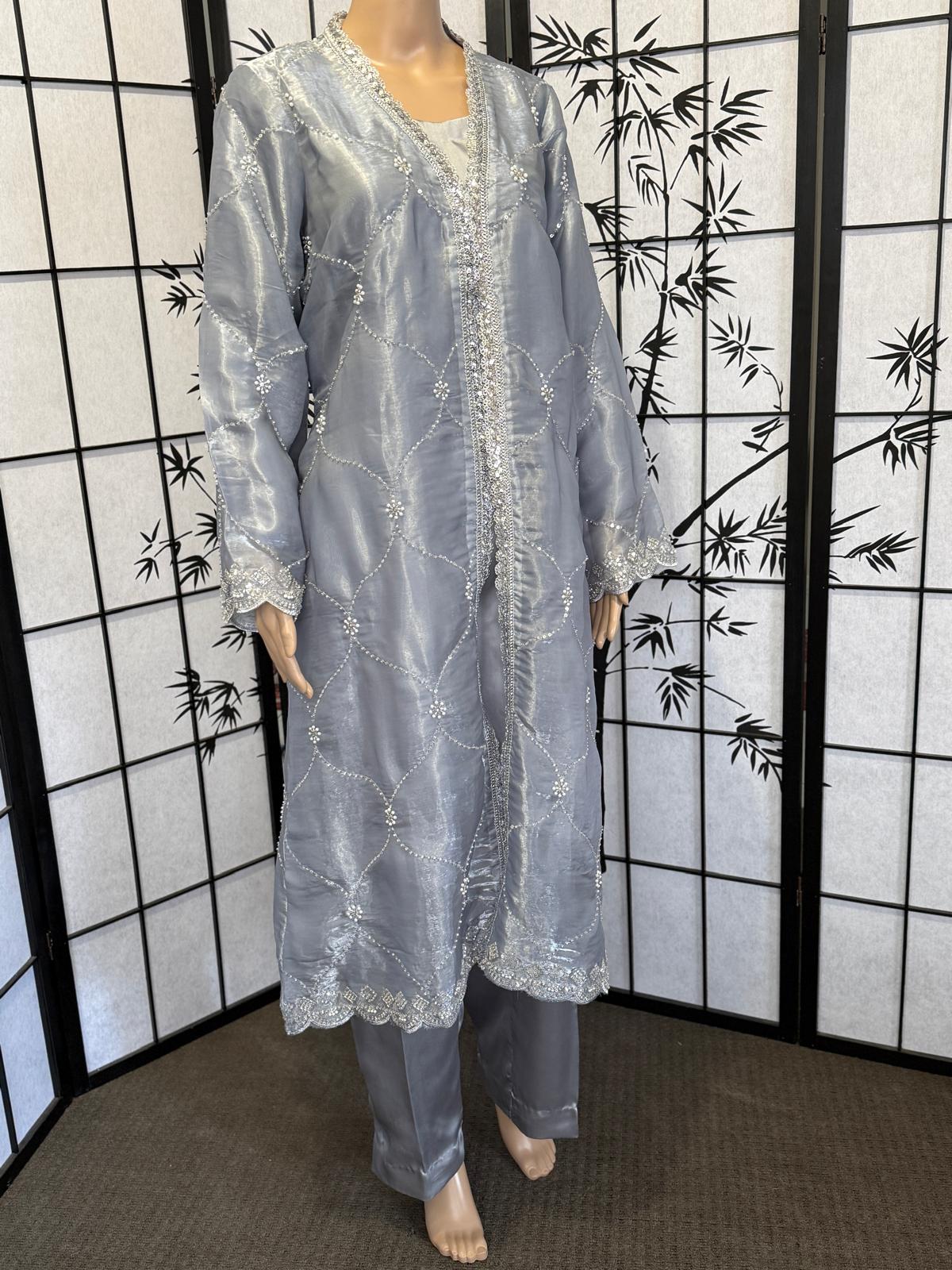 Embellished Sheesha Silk Coat Set with Sequins, Cut Dana & Silk Dupatta