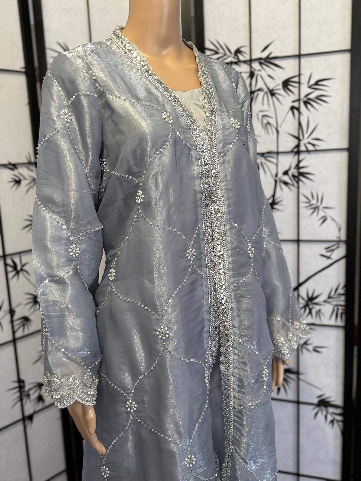 Embellished Sheesha Silk Coat Set with Sequins, Cut Dana & Silk Dupatta