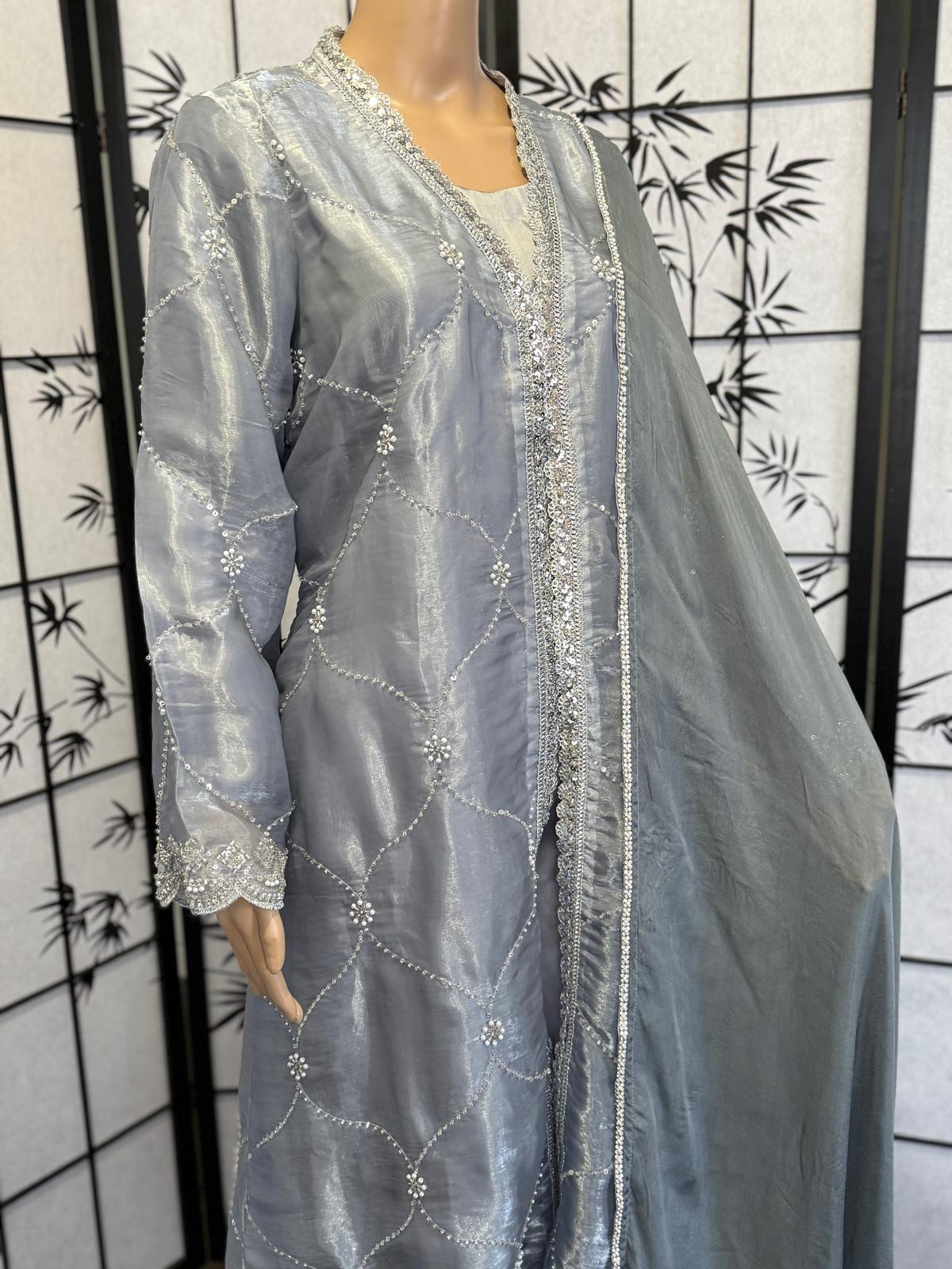 Embellished Sheesha Silk Coat Set with Sequins, Cut Dana & Silk Dupatta