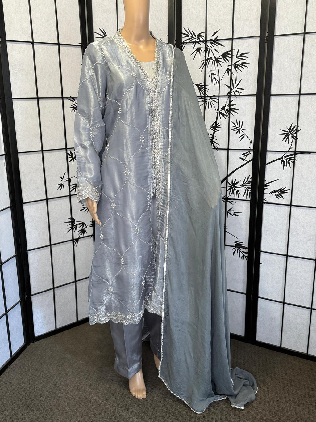 Embellished Sheesha Silk Coat Set with Sequins, Cut Dana & Silk Dupatta