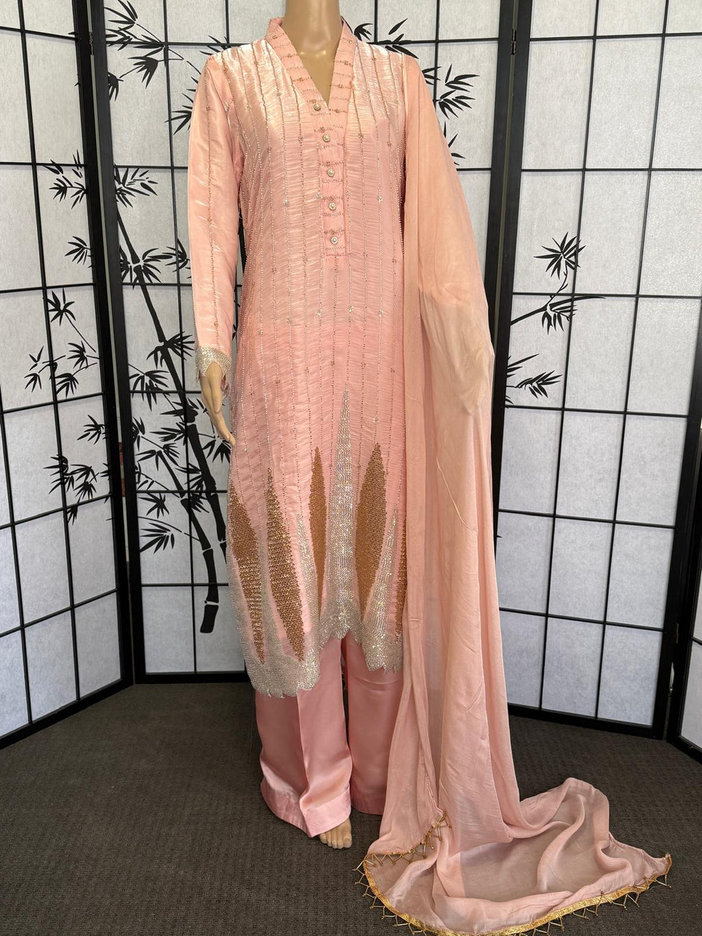 Elegant Sheesha Silk 3-Piece Suit with Stone Work & China Silk Dupatta