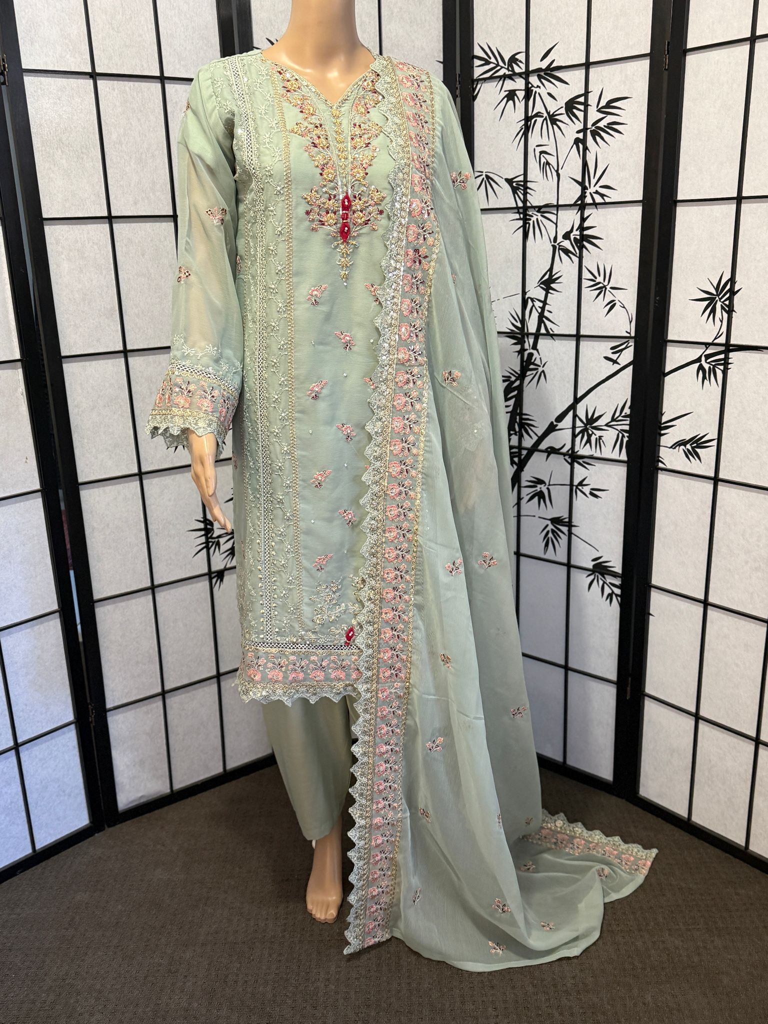 Embroidered Chiffon 3-Piece Suit with Dull Silk Trousers