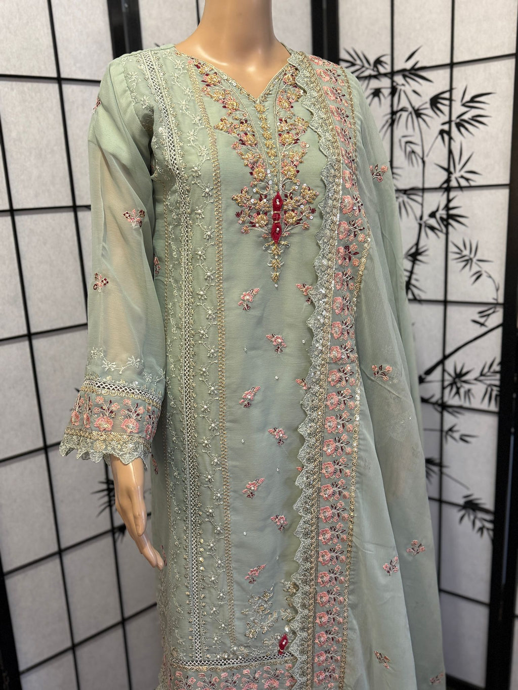 Embroidered Chiffon 3-Piece Suit with Dull Silk Trousers