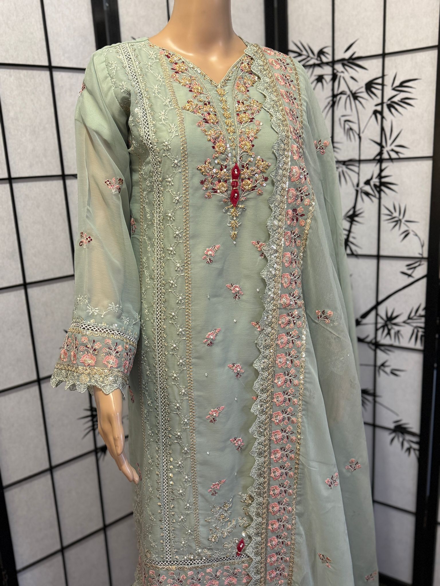 Embroidered Chiffon 3-Piece Suit with Dull Silk Trousers