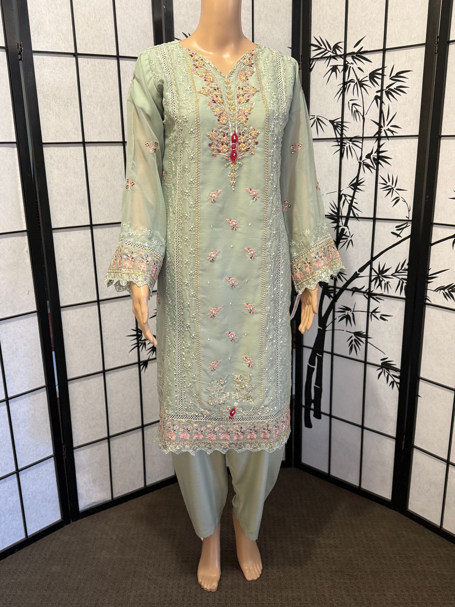 Embroidered Chiffon 3-Piece Suit with Dull Silk Trousers