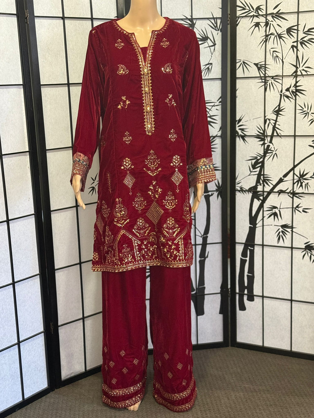 Embellished Velvet Suit – Ruby Red