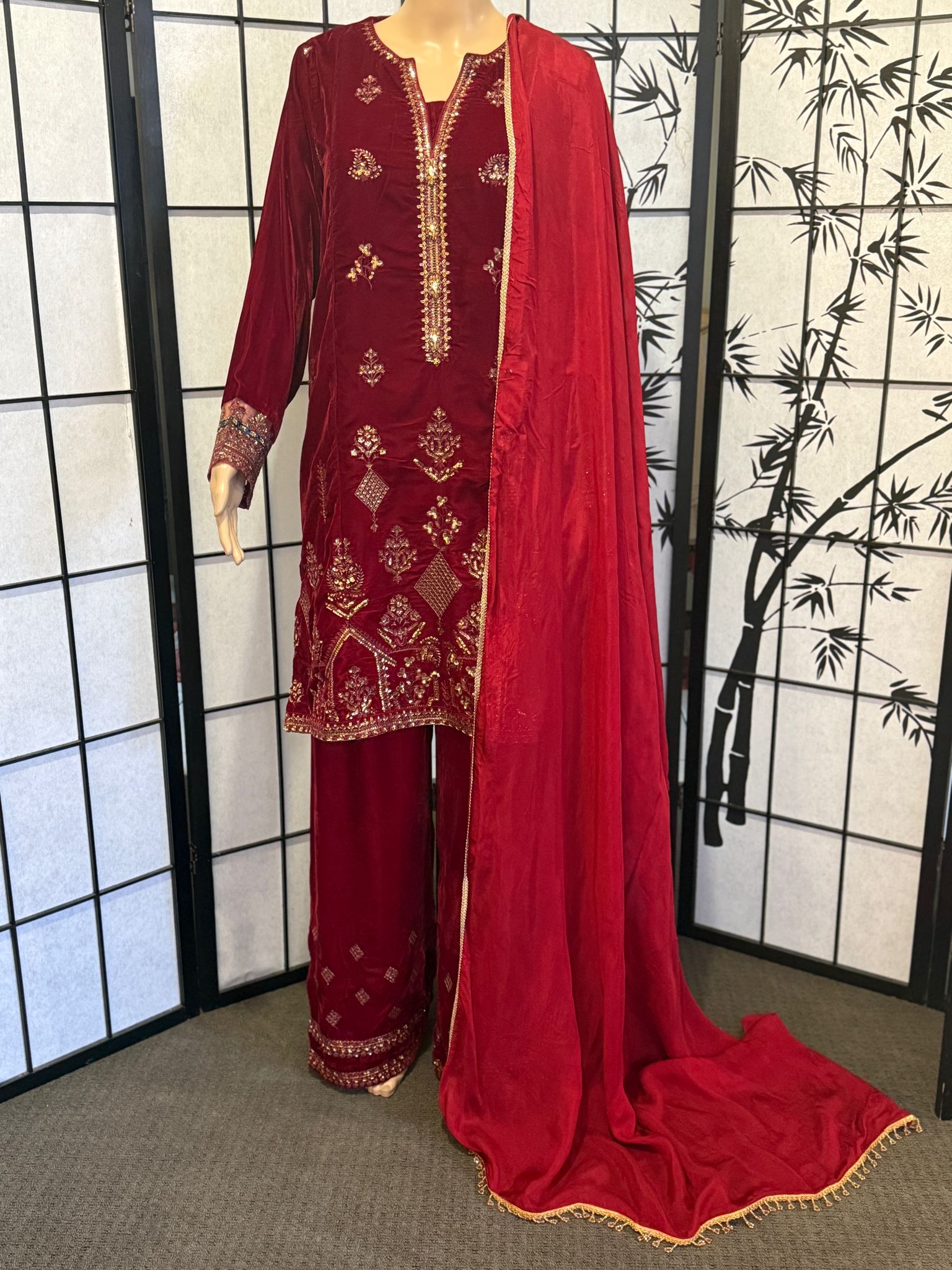 Embellished Velvet Suit – Ruby Red