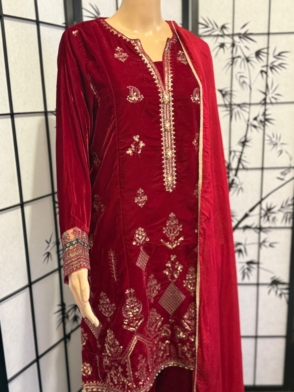 Embellished Velvet Suit – Ruby Red
