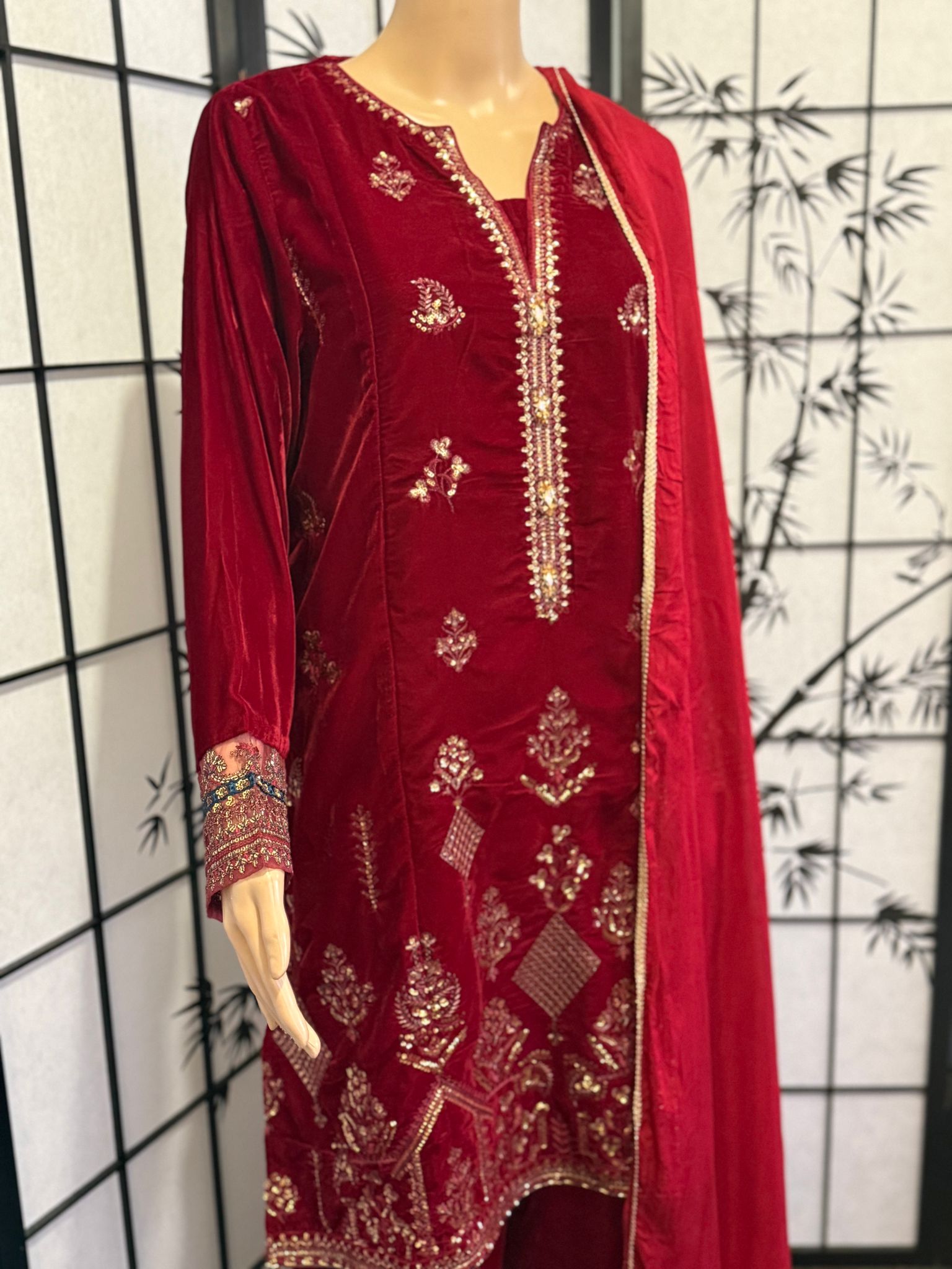 Embellished Velvet Suit – Ruby Red