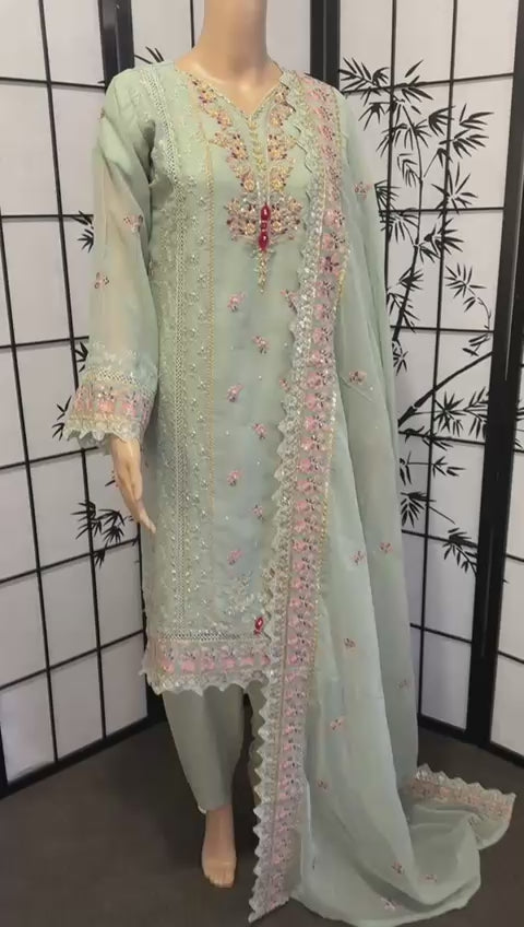 Embroidered Chiffon 3-Piece Suit with Dull Silk Trousers