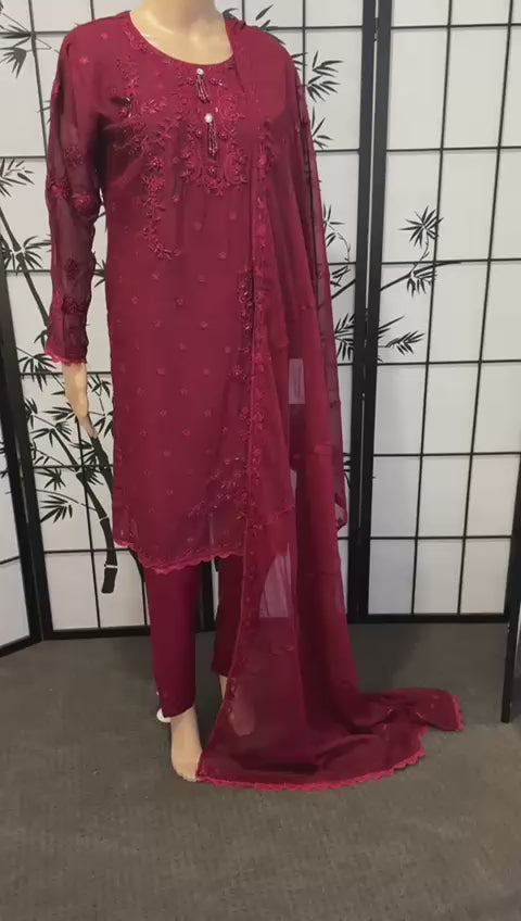 Elegant Embroidered Chiffon 3-Piece Suit with Chiffon Dupatta