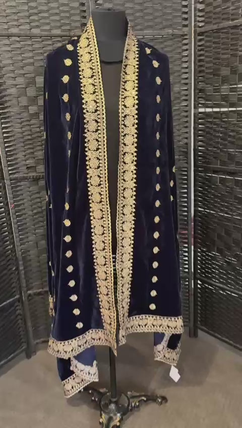 Luxury Velvet Shawl with Gold Zari Embroidery and Floral Motifs