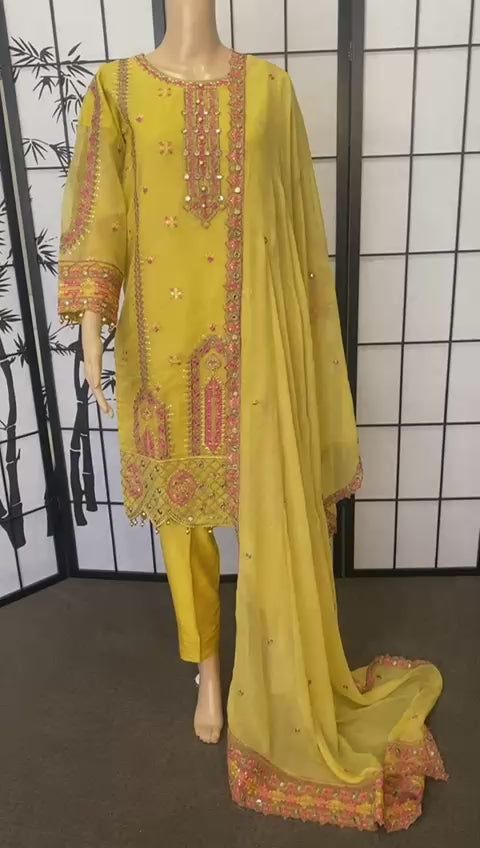 Embroidered Khadi Net 3-Piece Suit