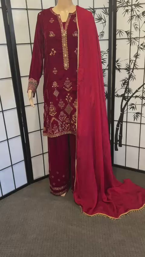 Embellished Velvet Suit – Ruby Red