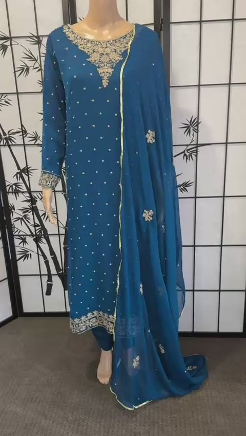 Fully Embroidered Chiffon Suit – Bright Blue