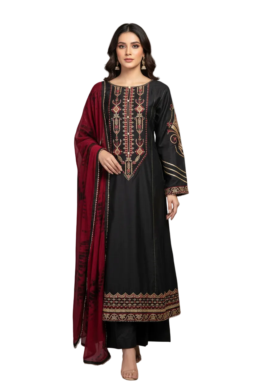 Embroidered 3-Piece Cotton Silk Dress