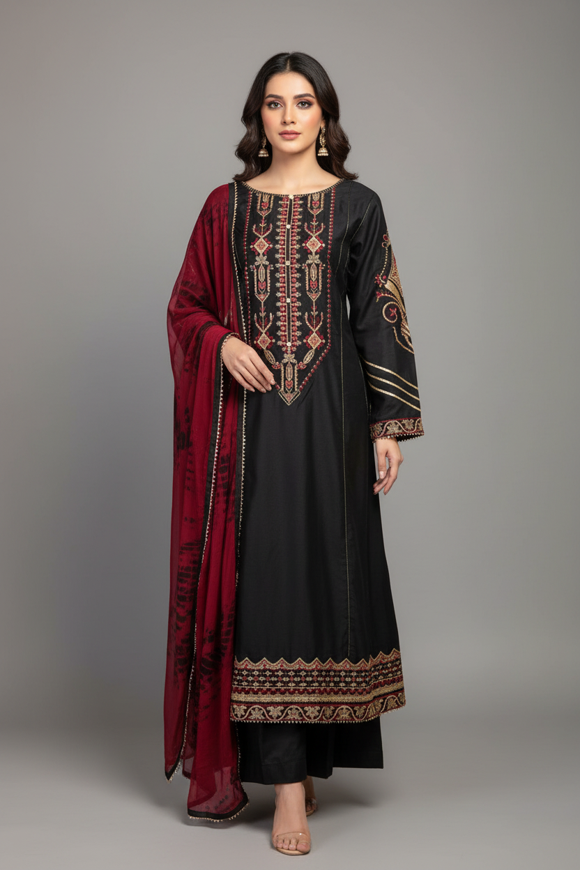 Embroidered 3-Piece Cotton Silk Dress